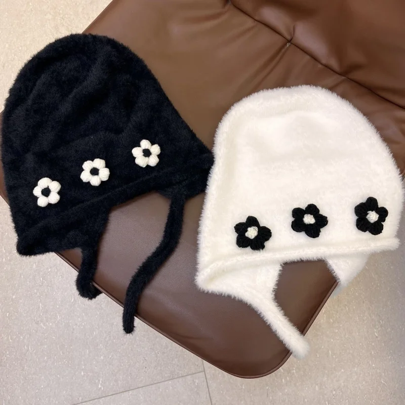 

Женские шапки из искусственного соболиного волоса, милый цветочный свободный бандаж, вязаный пуловер, кепка, корейские шапки для защиты уше...