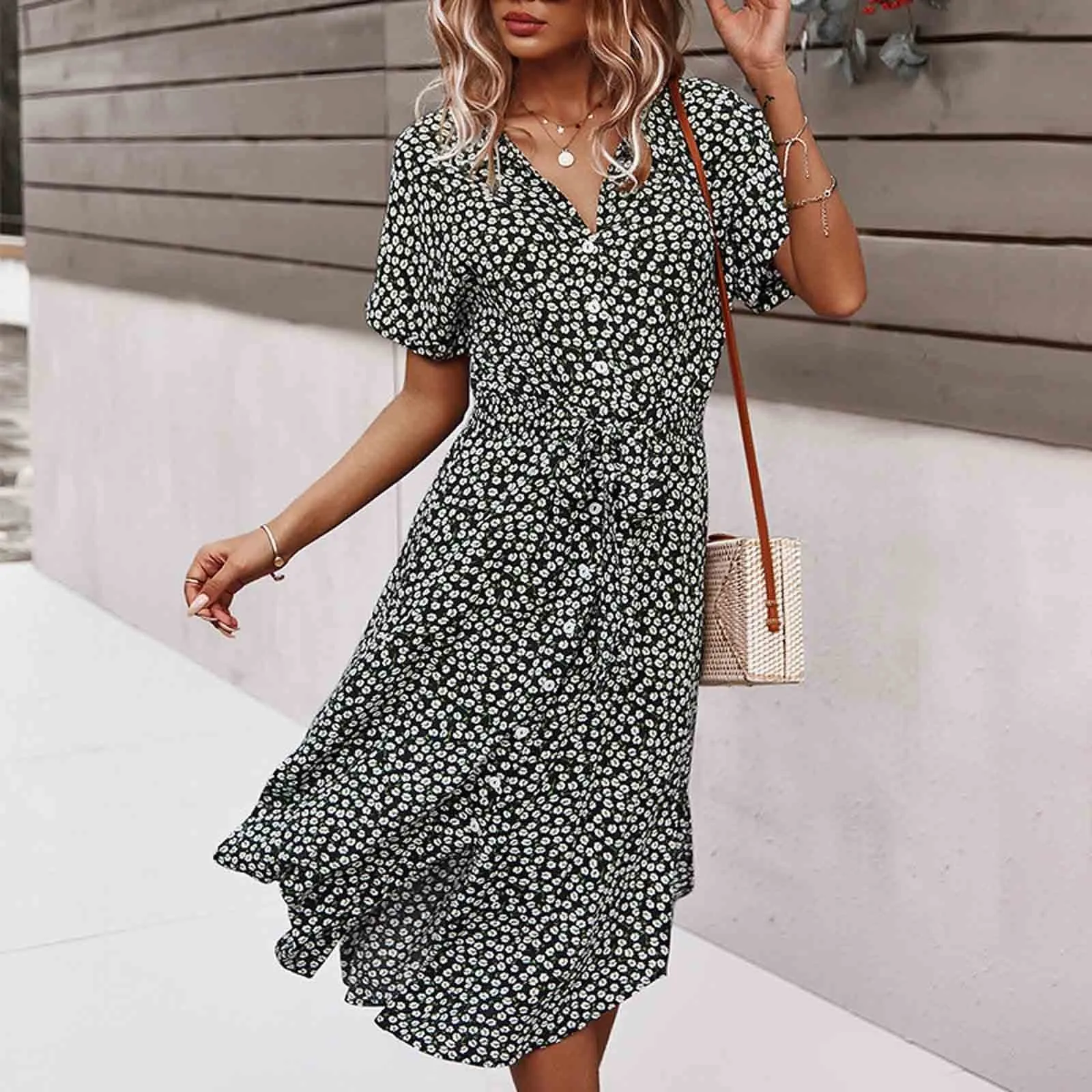 

Платье с поясом на завязке, женское повседневное длинное платье на пуговицах с разбитыми цветами, модное летнее платье, женское Повседневно...