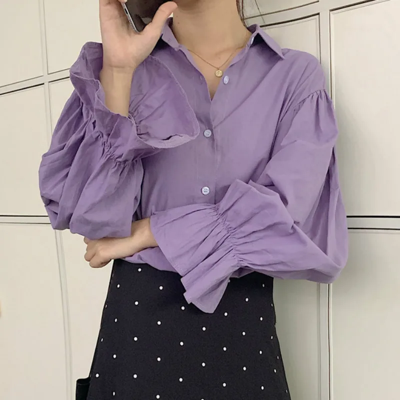 

Shirts Women Long Sleeve Single Breasted Button Loose Korean Style Leisure Casual Blouses Kawaii Lovely Vintage Womens Fashion