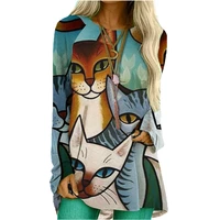 2022 new t shirts autumn women cartoon cats print long sleeve cotton tops casual o neck loose tshirts female streetwear tees