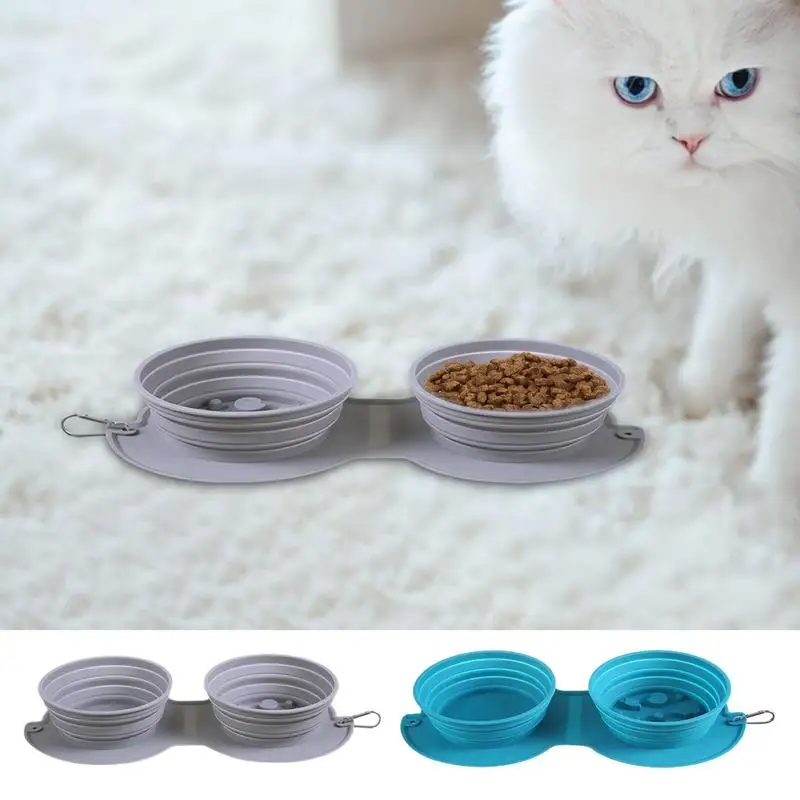 

Collapsible Slow Feed Bowl Durable Silicone Twin Pet Dishes Portable Food Feeder Water Bowl slow feeding bowl pets supplier