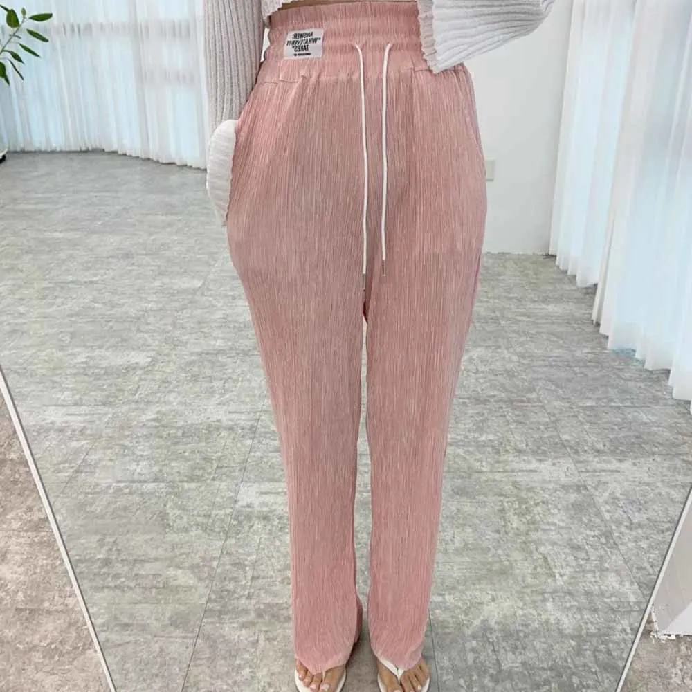 

Брюки женские со складками, шикарные длинные штаны на завязках, с высокой талией, с аппликацией в виде букв, с широкими штанинами, лето 2021