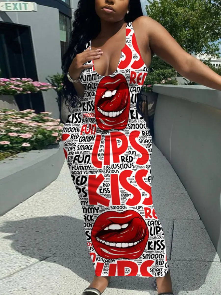 

2023Y3K LW Plus Size Dress Street Lip Letter Print Red Ankle Length Sporty Sleeveless Tank V Neck Sheath Summer Outfits Women