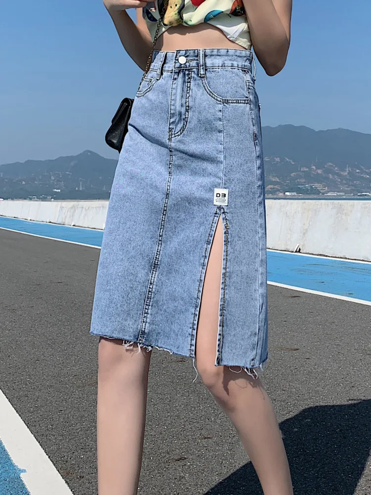 

High Waist Denim Skirt Women 2022 Summer New Korean Casual Loose Sexy Side Split A-line Midi-long Skirt Tear Edge Blue Skirts