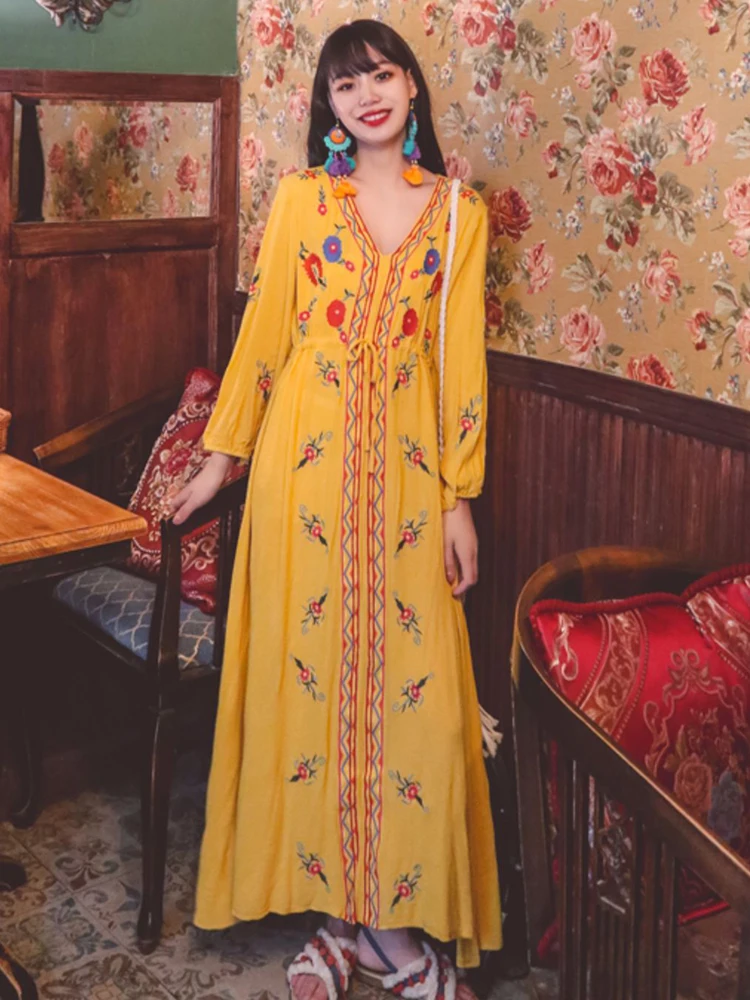 

Jastie Bohemian Dresses for Women Ethnic Style Vintage Embroidered Long Sleeve V-neck Dress Boho Beach 2022 Summer Dress