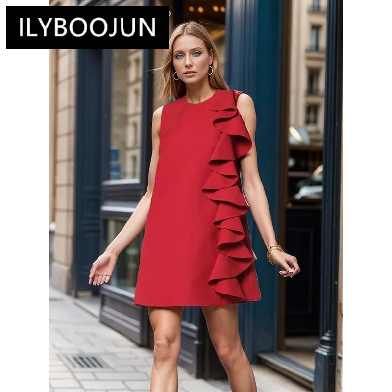 ILYBOOJUN однотонное свободное платье с оборками для женщин без рукавов высокой