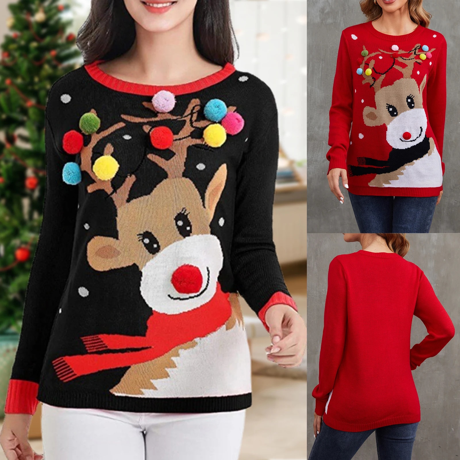 

Women Knitted Top Sweater Loose Fit Fawn Pattern Crochet Pullovers Long Sleeve Christmas Style Casual Crew Neck Vacation Outfit