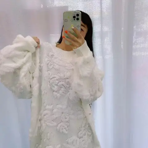 Женский трикотажный свитер Harajuku, трикотажный пуловер с трехмерными цветами и инкрустацией стразами, Осень-зима