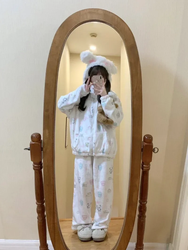 Японская коралловая бархатная флисовая пижама из двух предметов женская одежда