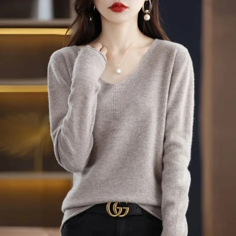 Женские свитера весна-осень 2024 вязаные пуловеры с V-образным вырезом свободная