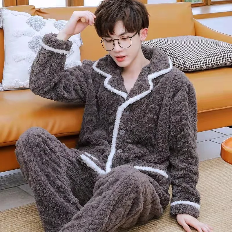 Thicken Autumn And Winter Men Pajama Sets Keep Warm Nightgown Comfortable Soft Sleepwear Suit Pocket Design