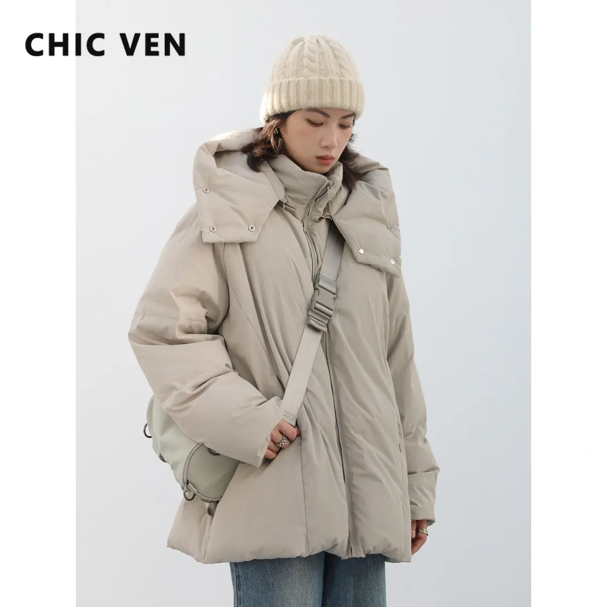CHIC VEN Women's Down Coats Streetwear Casual Detachable Hooded 90 White Duck Down Woman Down Jacket Medium Long Winter 2022