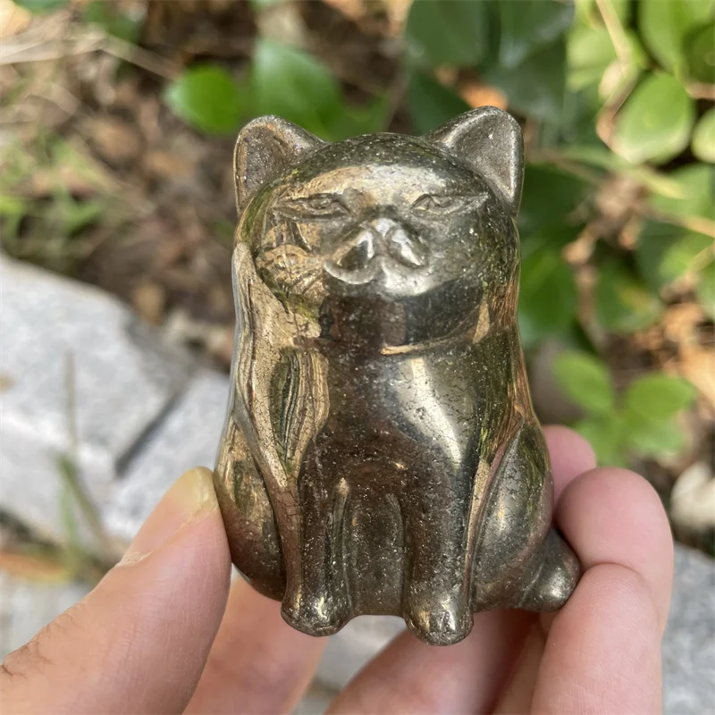 

6cm Natural Stone Crystal Handmade Pyrite Carved Polished Cartoon Cat Powerful Statue For Home Decor Gift 1pcs