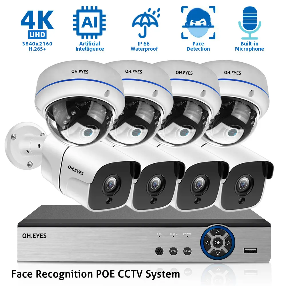 

CCTV Security Camera System Kit 8CH 4K POE NVR Kit Outdoor Ai Face Deteciton Video Surveillance POE IP Camera System Set 8MP 4CH