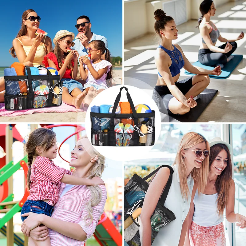 Mesh Beach Bag Larger Travel Tote Bag for Women Weekender Bag Overnight Bag Beach Tote Bag with 9 Pockets for Gym Travel Workout