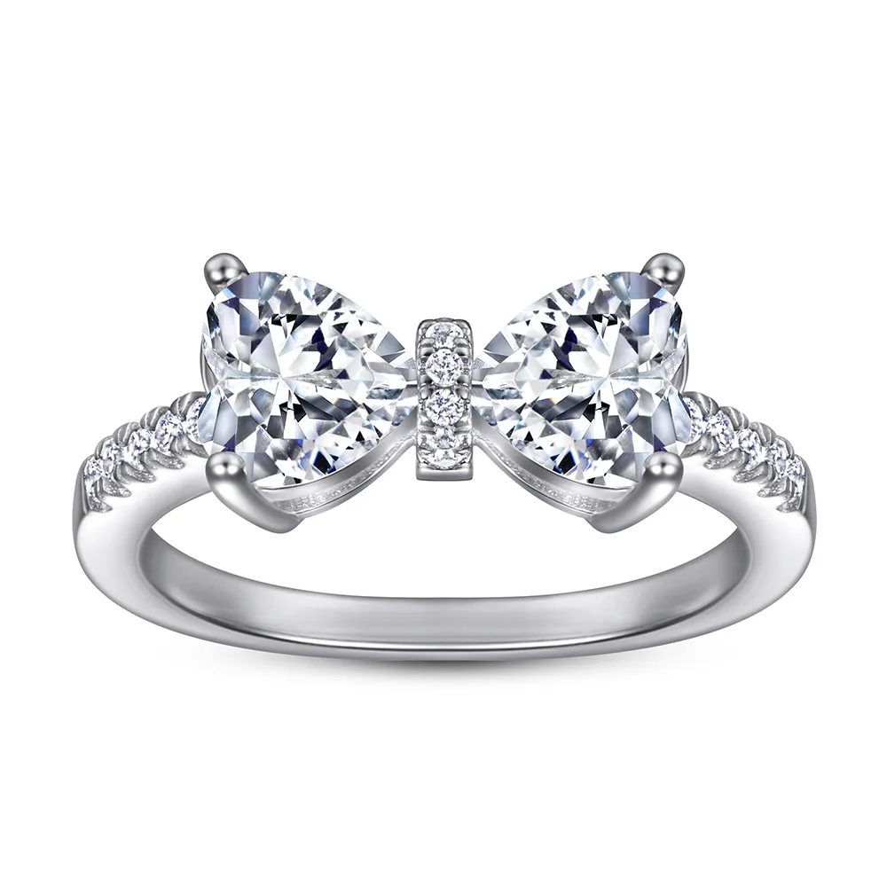 

New fashion trend S925 silver inlaid 5A zircon bow ladies heart-shaped personality atmosphere ring