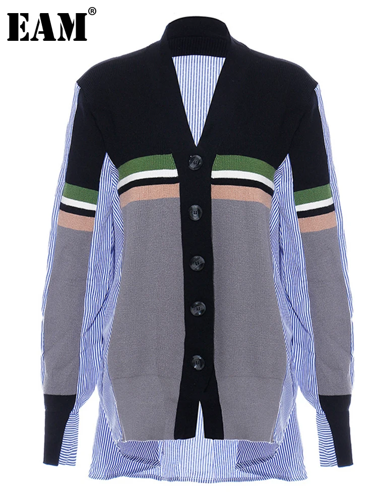 

[EAM] Big Size Striped Knitting Cardigan Sweater Loose Fit V-Neck Long Sleeve Women New Fashion Tide Autumn Winter 2022 1DD2344