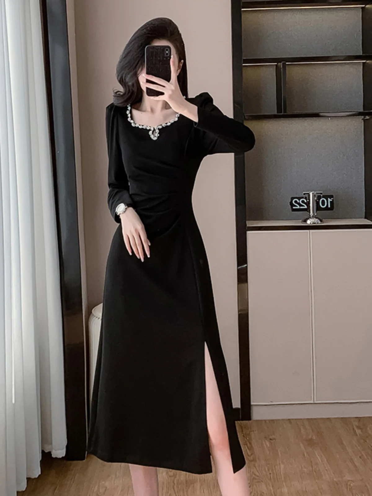 With Coat Guest dresses New French sle Advanced Square Collar Autumn Dress Slimming Long sleeve Split Temperament Skirts
