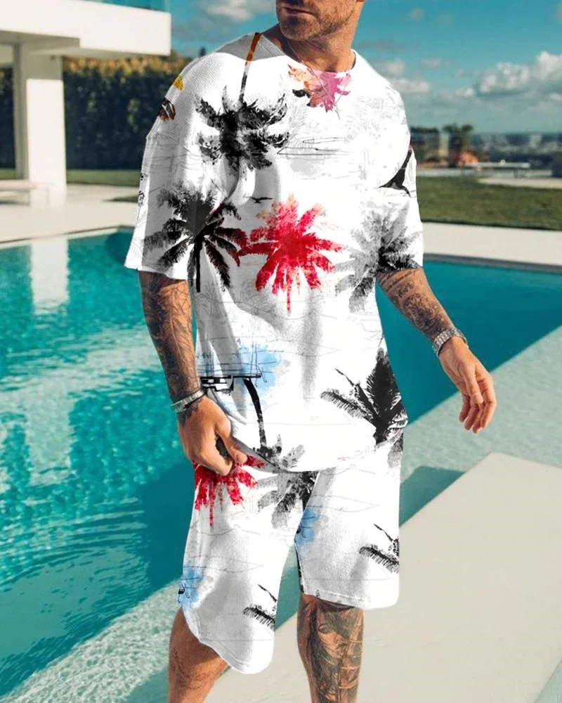 Summer Men's Resort Style T-shirt Suit Seaside Sunset Coconut Tree Hawaiian Short Sleeve Suit Oversized O-neck Tracksuit For Man