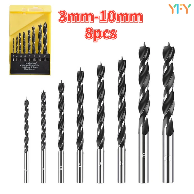 

8pcs Tri-tip Woodworking Drill Hand Drill Punch Opener Set Wood Board Positioning Tri-tip Straight Shank Twist Drill Bit