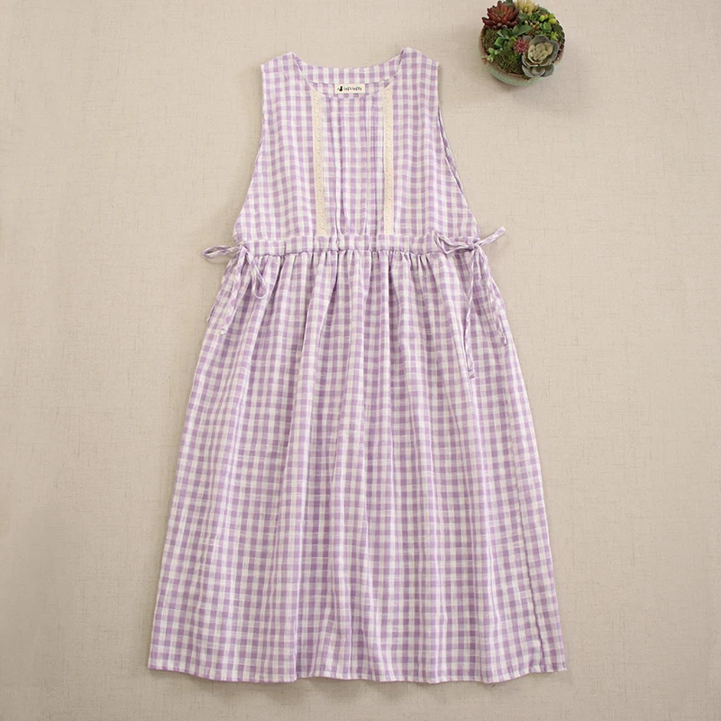 Японское милое винтажное клетчатое хлопковое платье на бретелях Mori для девочек