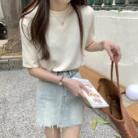 new 2022 summer japanese simple joker half neck sweater womens solid color half sleeve pullover female top s6950