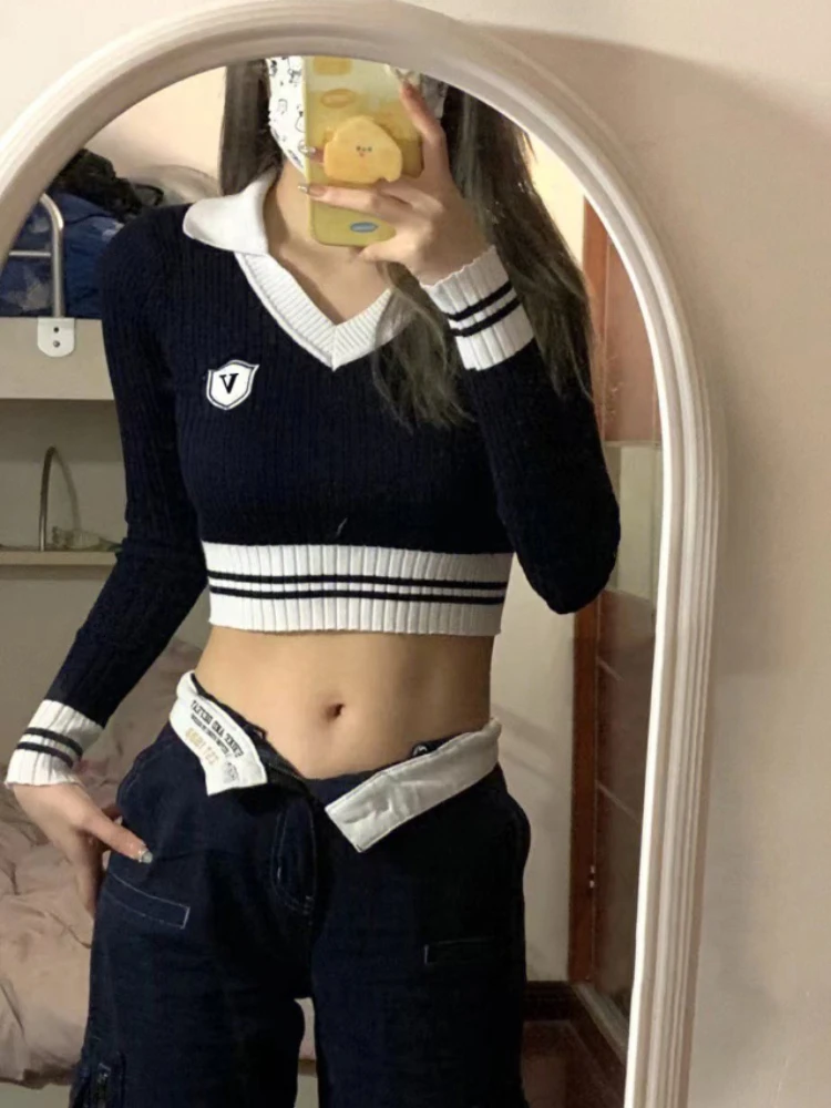 

Женский укороченный свитер в полоску, с V-образным вырезом и длинным рукавом