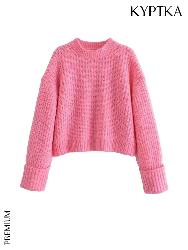

KYPTKA Women Fashion Oversized Cropped Knit Sweater Vintage O Neck Long Sleeve Female Pullovers Chic Tops