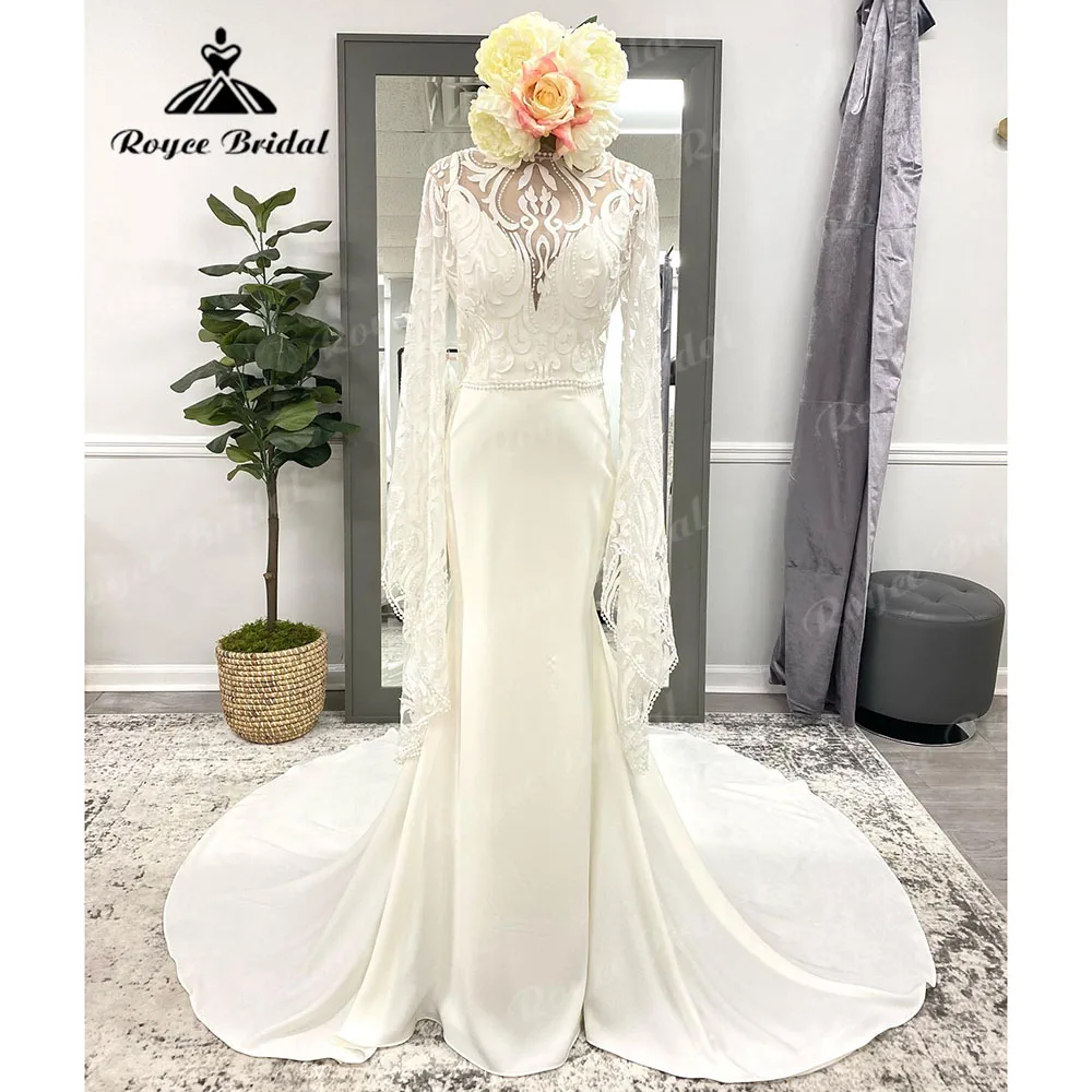 

Bohemian Flare Sleeve Lace Bodice Soft Satin Mermaid Boho Wedding Dress for Women 2024 Bridal Gown vestido de boda corte sirena