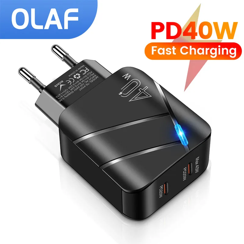 Фото Зарядное устройство PD с 2 портами USB Type-C, 40 Вт, адаптер для iPhone 14, 13, 12, Xiaomi, Samsung, Huawei, QC 3,0, зарядное устройство USB C для быстрой зарядки №1