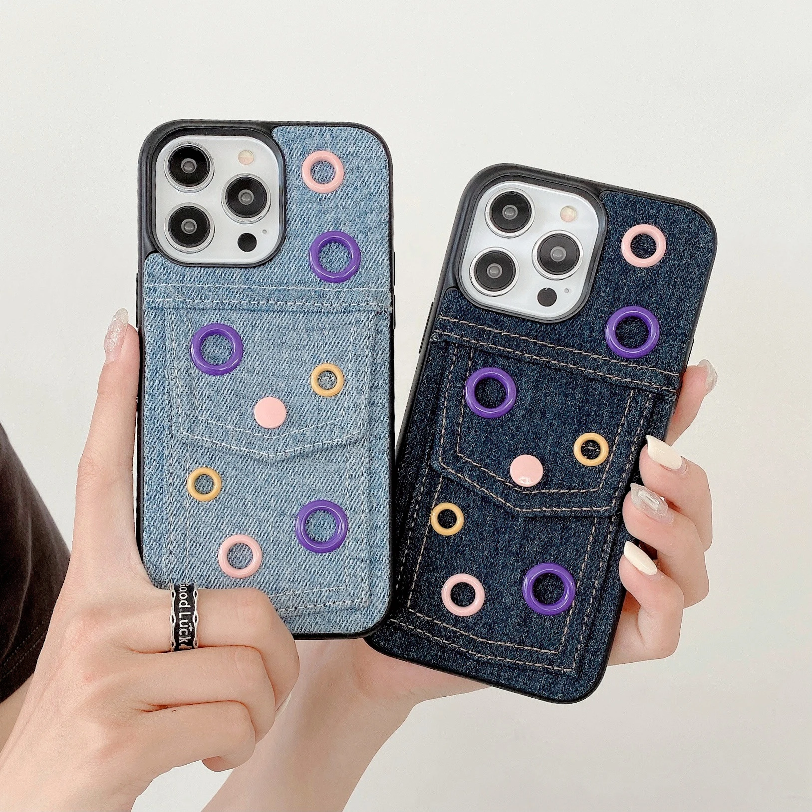 

Fashion Denim Cowboy Jeans Anti-Fingerprint Case For iPhone 14 13 Pro Max 12 11 Colorful Rings Card Slot Pocket Armor Back Cover