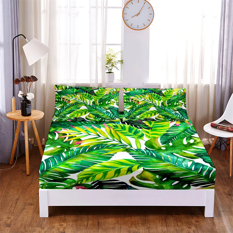 

3pc Polyester Leaves, Flowers Bedding Fitted Sheet Mattress Cover Four Corners with Elastic Band Non Slip Double Bed Sheet