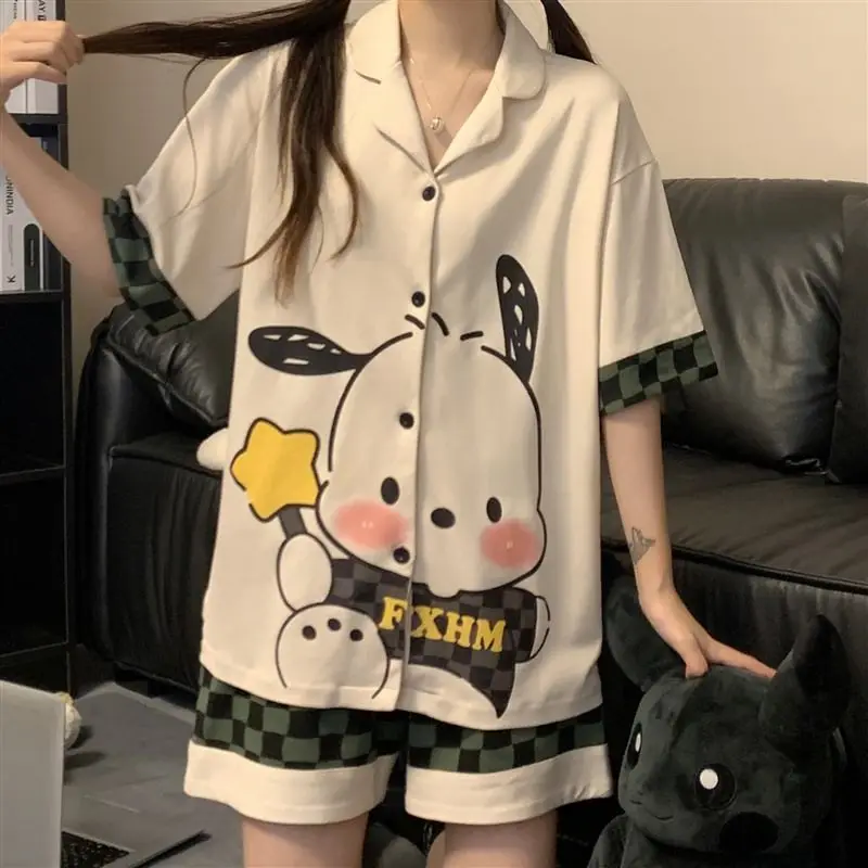 

Kawaii Sanrios летняя пижама полакко с мультяшным принтом тонкий секционный короткий рукав повседневная женская одежда для сна и отдыха