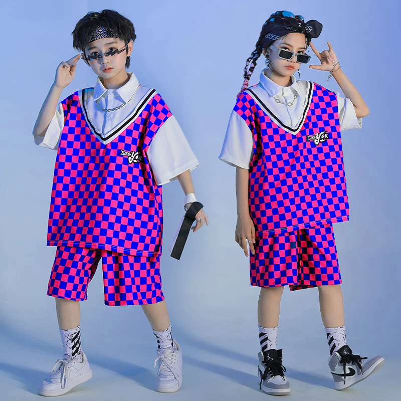 

Kids Festival Hip Hop Clothing Checkered T Shirt Tops Summer Shorts for Girl Boy Jazz Dance Costume Dancing Stage Clothes Set