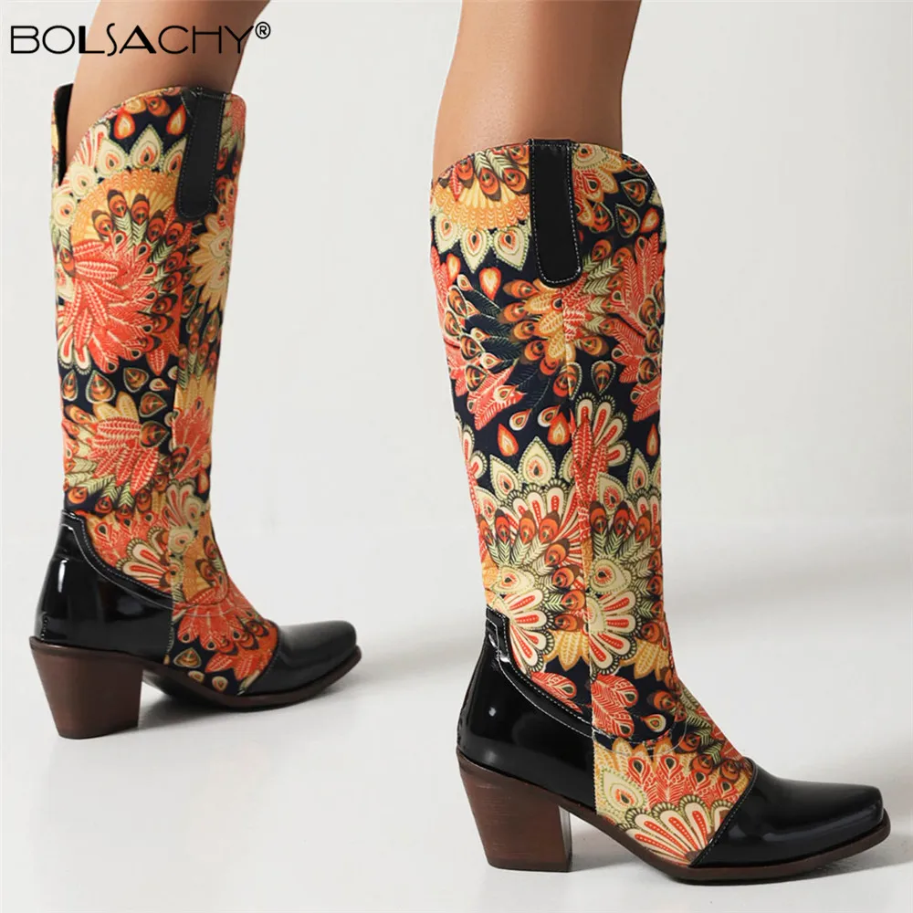 

Spring Autumn Fashion Women High Boots Pointed Toe Western Cowboy Boots Women Knee-High Boots Chunky Wedges Knight Boots 35-43