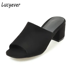 Lucyever 2022 Летние повседневные Мягкие кожаные шлепанцы на высоком каблуке, лаконичные Женские однотонные туфли из флока, шлепанцы с открытым носком, приблизительно 34-43