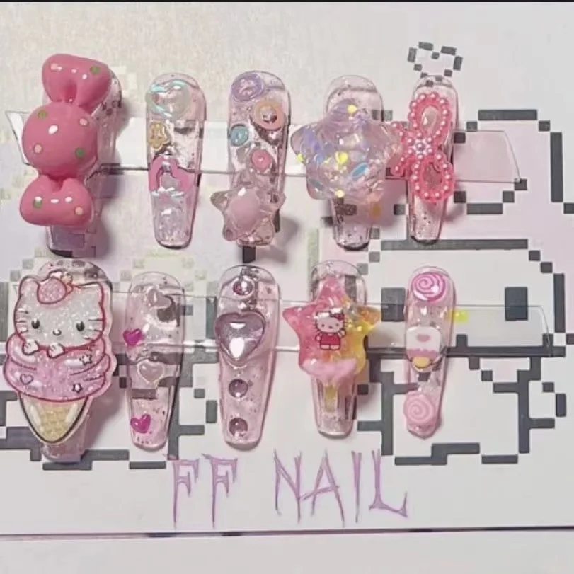 

Hello Kitty Diy Sanrioed Y2K Cartoon Dolls Super Long Handmade Three-Dimensional Nail Patch Stickers Anime Toy for Girl Gift