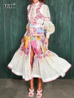 VGH Vintage Print Colorblock Dress For Women Stand Collar Lantern Sleeve High Waist Loose Long Dresses Female Clothing Fashion
