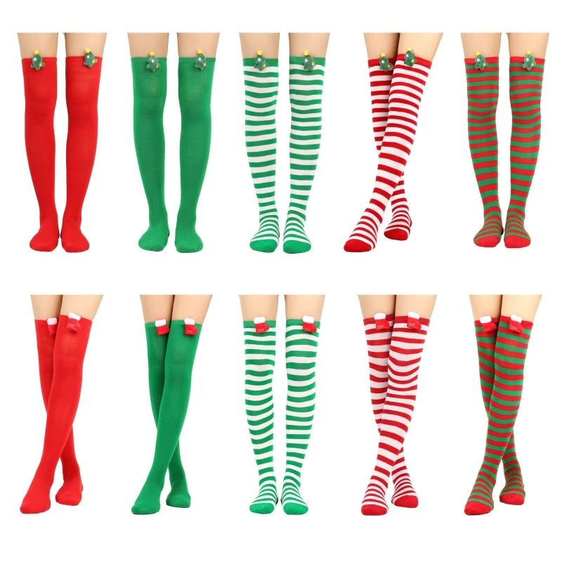 

449B женские рождественские длинные носки выше колена милые 3D Плюшевые на дерево сапоги с полосатым принтом высокие чулки праздничные Чулочн...