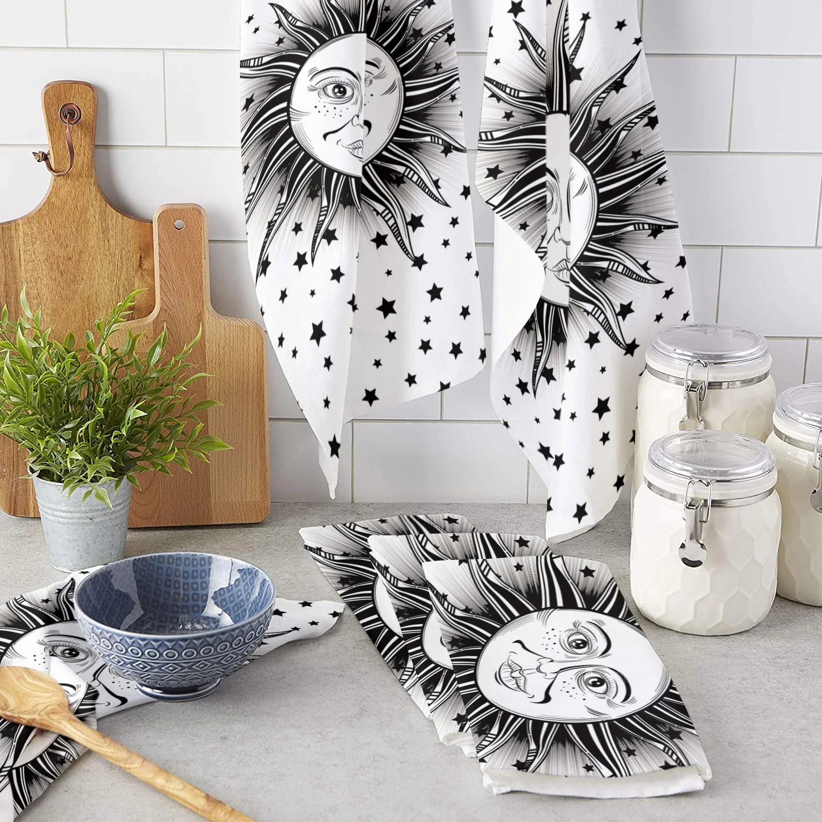 

Sun Around Stars Kitchen Towel Cleaning Cloth Microfiber Soft Household Super Absorbent Dish Washing Cloth