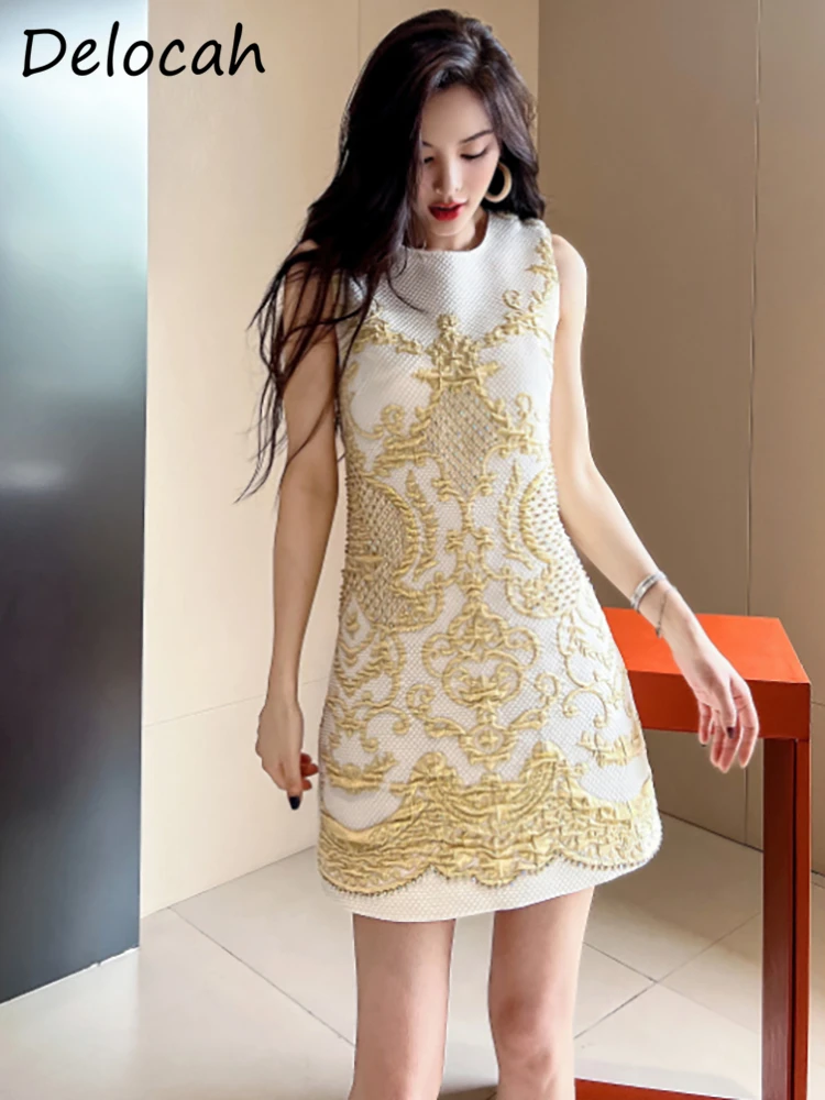 

Delocah высококачественное летнее женское модное дизайнерское платье на бретелях без рукавов с вышивкой и кристаллами, элегантное мини-платье с винтажным принтом