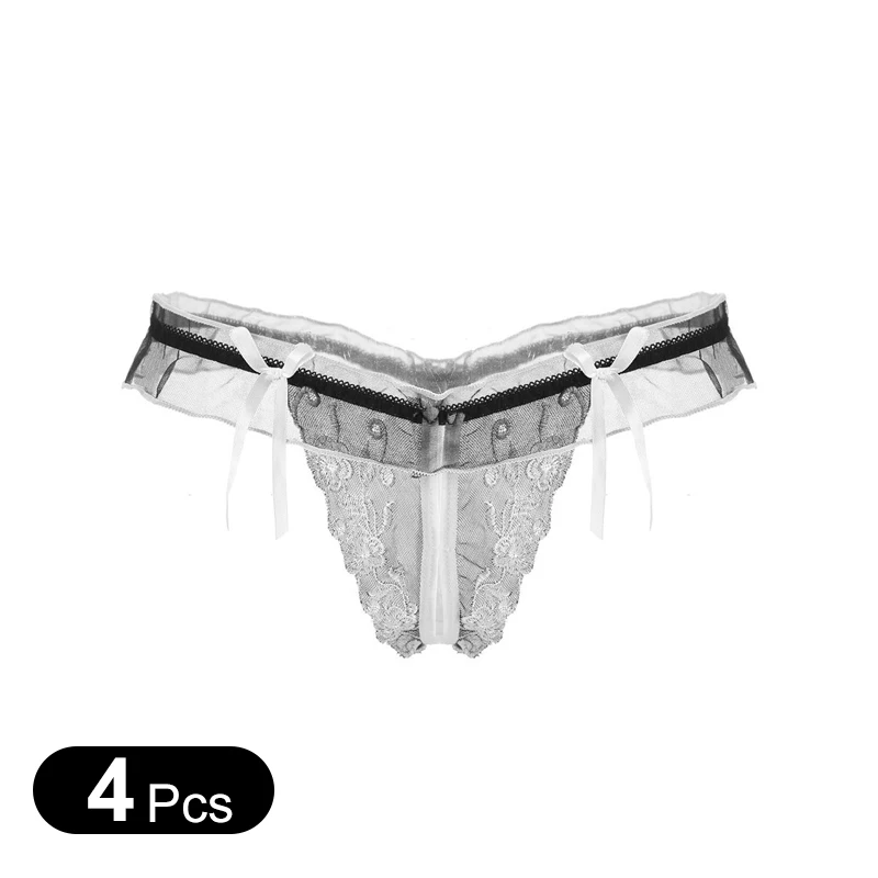 4Pcs/Embroidered Open Crotch Transparent Underwear Seductive Female Sexy Underwear Cute Lace Bow Thong Sexy Panties Women