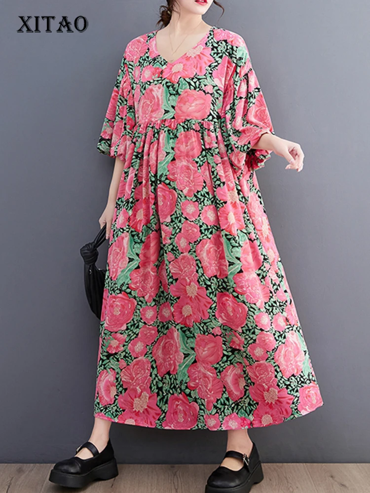 

XITAO женское Повседневное платье с принтом, Корея, лето 2023, Новое поступление, индивидуальное модное свободное платье до середины икры с пышными рукавами DMJ2206