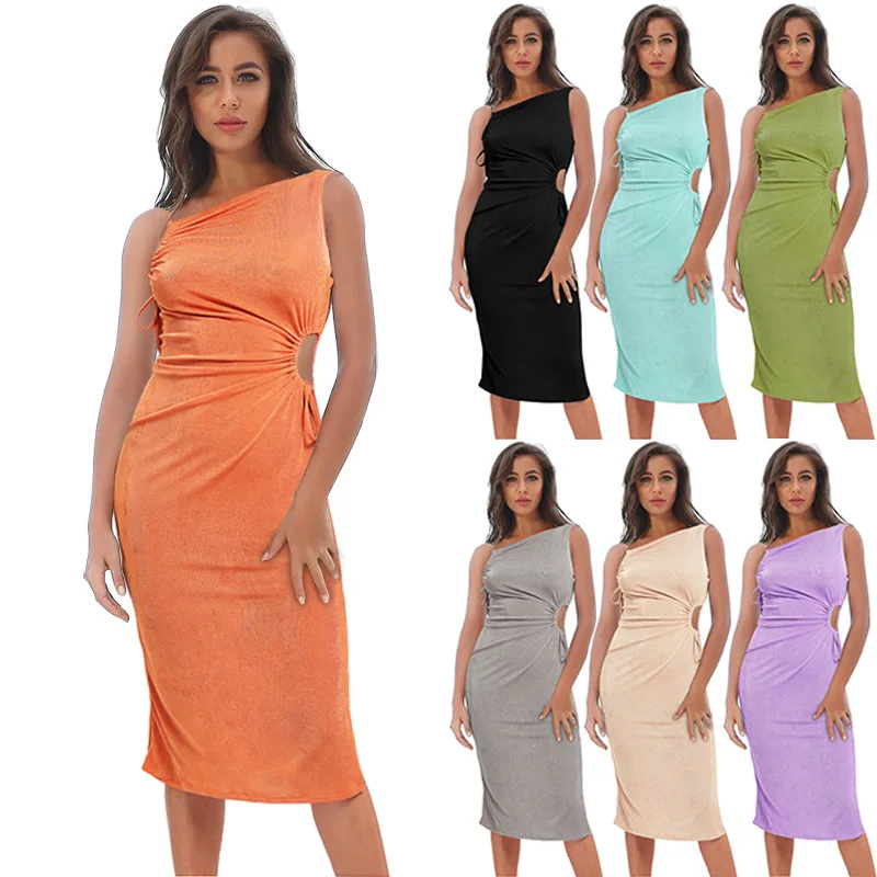 

Summer 2022 New Sexy Drawstring Slim One Piece Dress Female Summer Slit Sling Cocktail Party Sleeveless Dresses