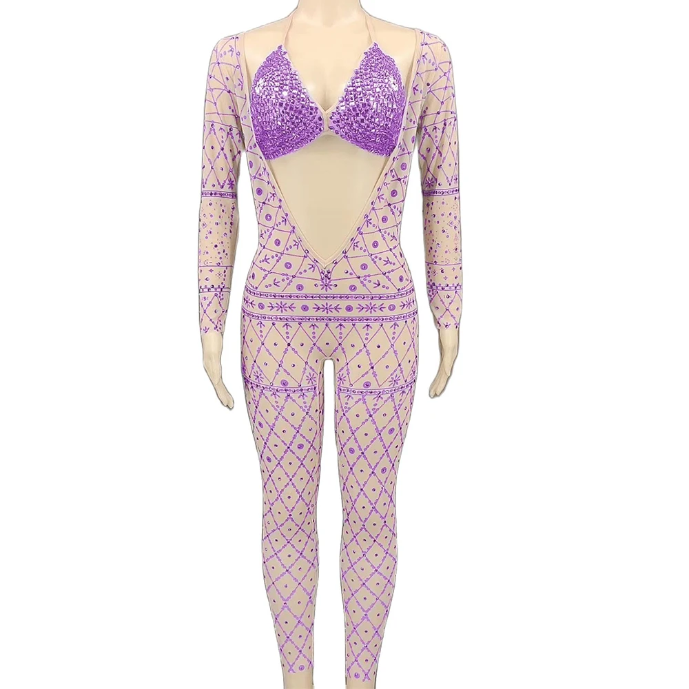 

Multicolored V-Neck Shining Rhinestones Bra Sexy Jumpsuits For Women Party Carnival Clothing Stage Singer Costumes Pole Wear