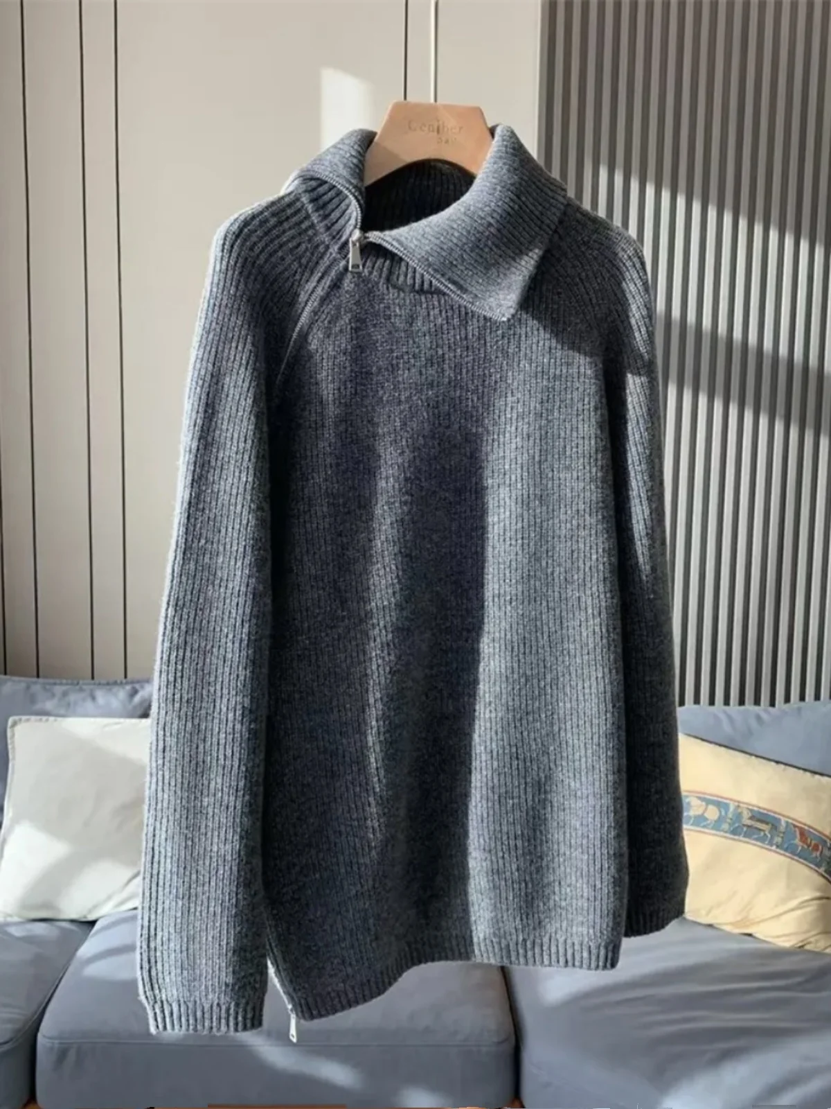 Ozhouzhan 2023 Winter New Stand Collar Oblique Double Zipper Thick Long sleeve All-Match Fleece Knit Sweater