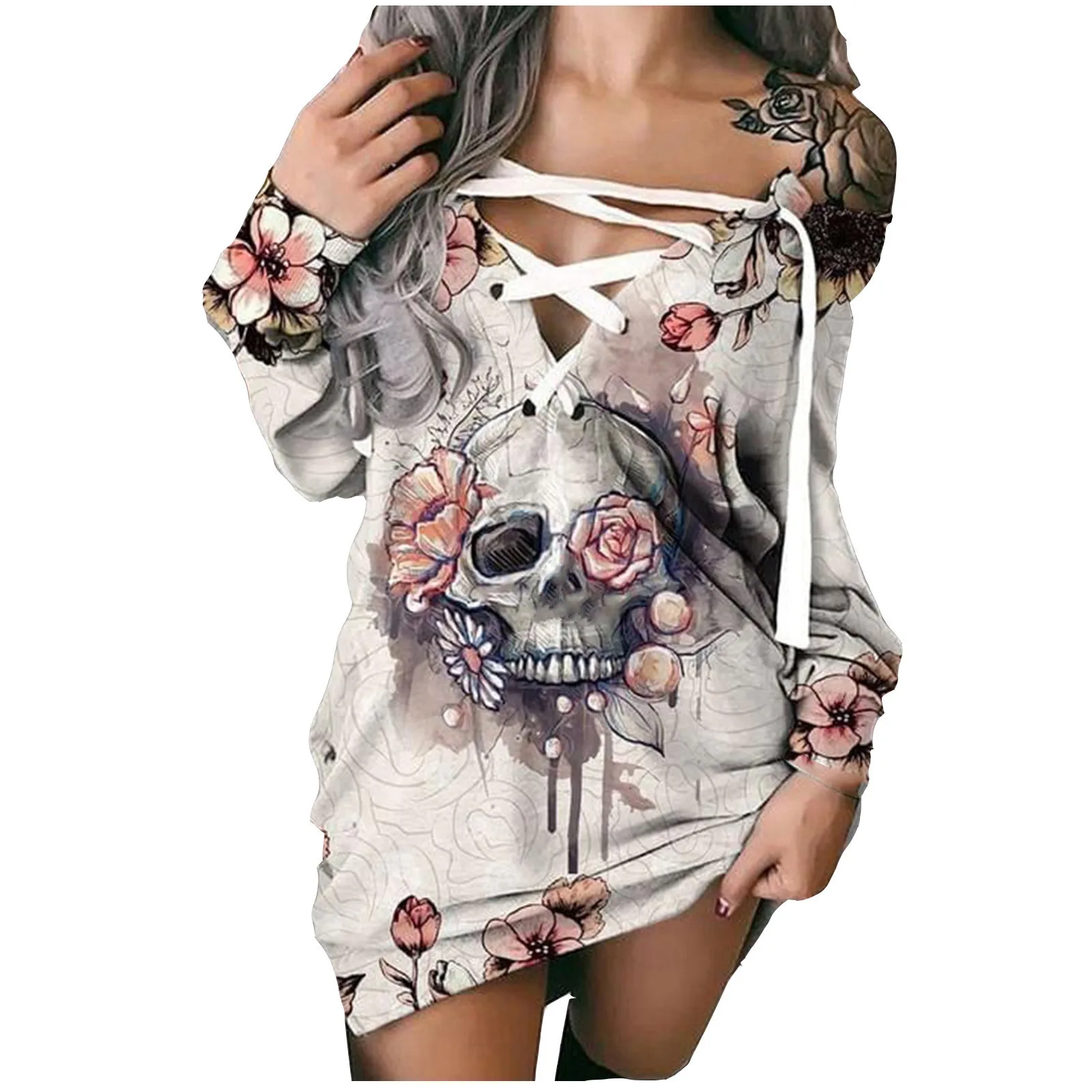 

Off-Shoulder Women's Autumn Dress Fashion Skull Prints Dress Strappy Long Sleeves Sweatshirt Dress Loose Halloween Costume