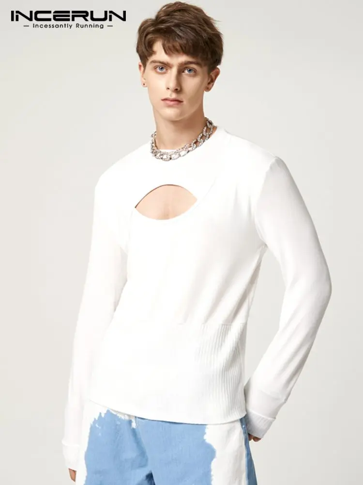 

Футболка INCERUN мужская с круглым вырезом, однотонная Модная Повседневная рубашка с длинным рукавом, с вырезами, осень 2022