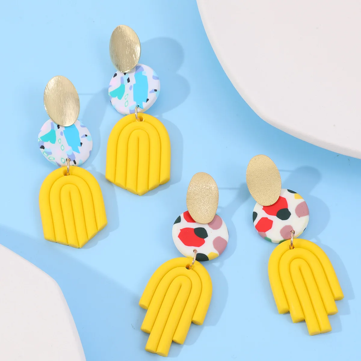

Ins Yellow U-shaped Polymer Clay Alloy Earrings for Women Girls Geometric Exaggerated Patchwork Color Fashion Trendy Accessories