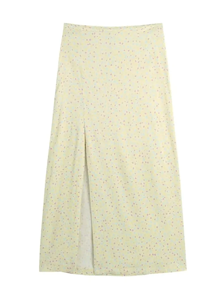 

2022 Summer Women Fashion With Print Bud Skirts New Empire Waist Front Slit Zipper Fly Fitted Prairie Chic Bottoms Mujur